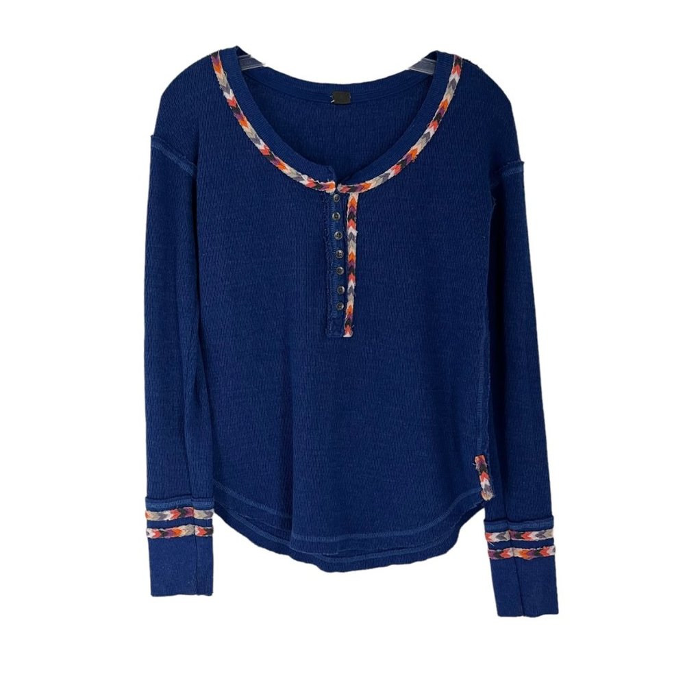 Free People Rainbow Blue Long Sleeve Drop Shoulder Thermal Henley Top Small